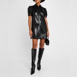 NWT Alice + Olivia 'Jem' Black Faux Leather Short Sleeve Shirt Dress Size M